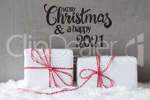 Two White Gifts, Snow, Cement, Merry Christmas And A Happy 2021