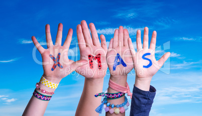 Children Hands Building Word Xmas, Blue Sky