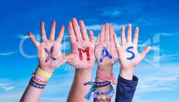 Children Hands Building Word Xmas, Blue Sky