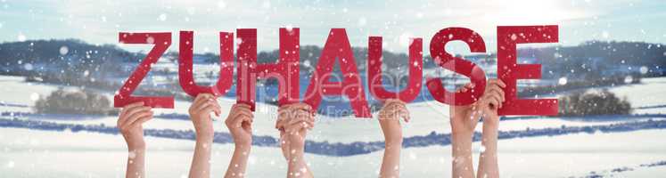 People Hands Holding Word Zuhause Means Home, Snowy Winter Background