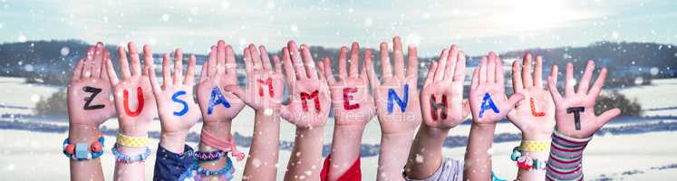 Kids Hands Holding Word Zusammenhalt Means Togetherness, Snowy Winter Background