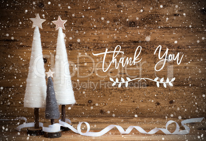 White Christmas Tree, Wooden Background, Text Thank You, Snowflakes