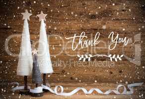 White Christmas Tree, Wooden Background, Text Thank You, Snowflakes