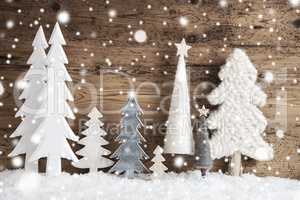 Christmas Trees, Snow, Rustic Brown Wooden Background, Star, Snowflakes