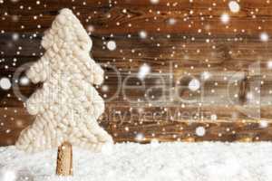 Fabric Christmas Tree, Snow, Copy Space, Snowflakes, Rustic Wooden Background