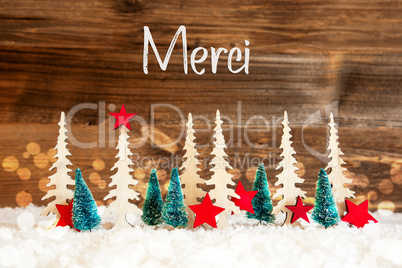 Christmas Tree, Snow, Red Star, Merci Means Thank You, Wooden Background