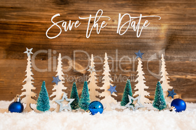 Christmas Tree, Snow, Blue Star, Ball, Save The Date, Wooden Background