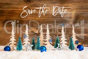 Christmas Tree, Snow, Blue Star, Ball, Save The Date, Wooden Background