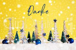 Christmas Tree, Snowflakes, Blue Star, Danke Means Thank You, Yellow Background