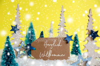Christmas Trees, Snowflakes, Yellow Background, Label, Willkommen Means Welcome