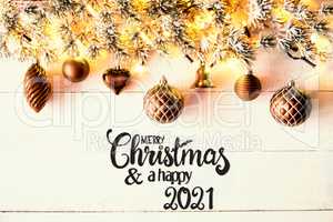 Golden Christmas Decoration, Fir Branch, Merry Christmas And Happy 2021