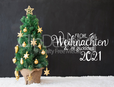 Christmas Tree, Black Background, Snow, Glueckliches 2021 Means Happy 2021