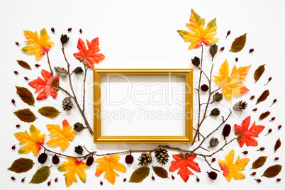 Colorful Autumn Leaf Decoration, Golden Frame, Copy Space
