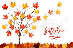 Tree With Colorful Leaf Decoration, Leaves Flying Away, Gutschein Means Voucher