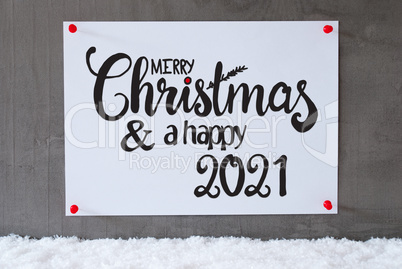White Paper Sign, Snow, Merry Christmas And Happy 2021