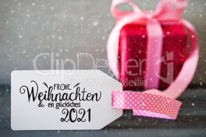 Pink Christmas Gift, Calligraphy Glueckliches 2021 Means Happy 2021, Snowflakes