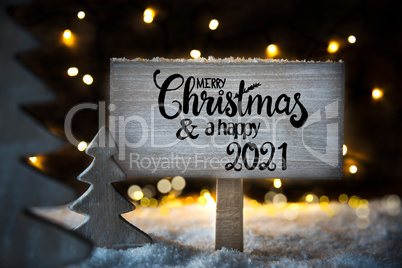 Christmas Tree, Snow, Sign, Calligraphy Merry Christmas And A Happy 2021