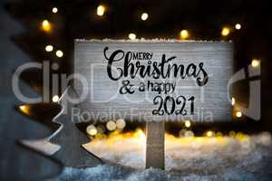 Christmas Tree, Snow, Sign, Calligraphy Merry Christmas And A Happy 2021