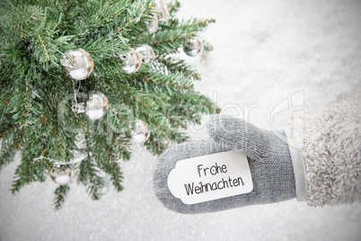Glove, Tree, Silver Ball, Frohe Weihnachten Means Merry Christmas, Snowflakes