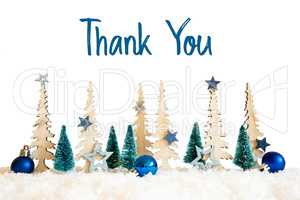 Christmas Tree, Snow, Blue Star, Ball, Text Thank You, White Background