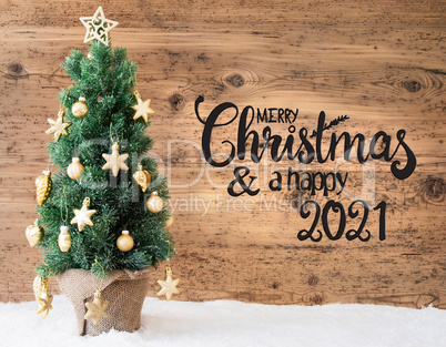 Christmas Tree, Wooden Background, Snow, Merry Christmas And A Happy 2021