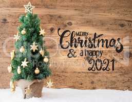 Christmas Tree, Wooden Background, Snow, Merry Christmas And A Happy 2021