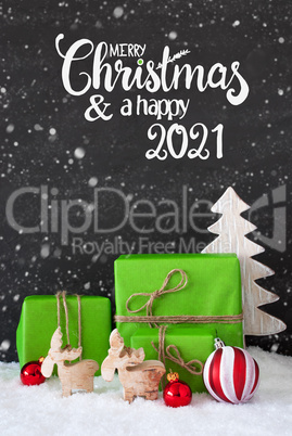 Green Gift, Ball, Snowflakes, Tree, Merry Christmas And A Happy 2021