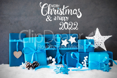 Turquois Gift, Snow, Merry Christmas And A Happy 2022, Christmas Decoration
