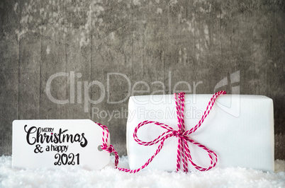 White Christmas Gift, Snow, Label, Bow, Merry Christmas And Happy 2021