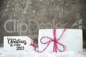 White Christmas Gift, Snow, Label, Bow, Merry Christmas And Happy 2021