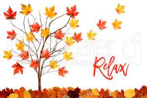 Tree With Colorful Leaf Decoration, Leaves Flying Away, Text Relax