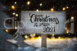 Christmas Tree, Snowflakes, Sign, Calligraphy Merry Christmas And A Happy 2021