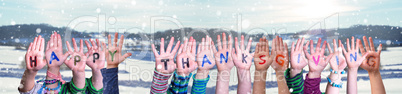 Children Hands Building Word Happy Thanksgiving, Snowy Winter Background