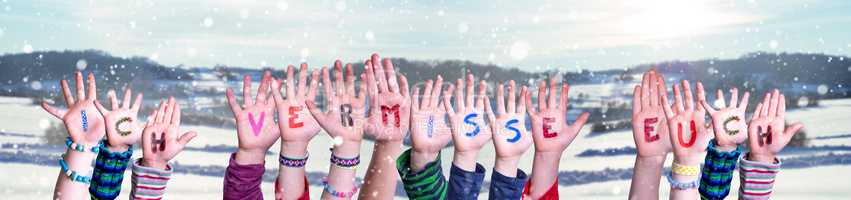 Children Hands Building Ich Vermisse Euch Means I Miss You, Winter Background