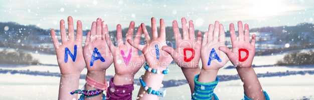 Children Hands Building Word Navidad Means Christmas, Snowy Winter Background