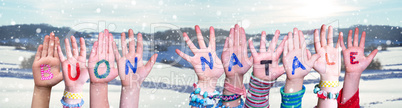 Children Hands Building Buon Natale Means Merry Christmas, Winter Background