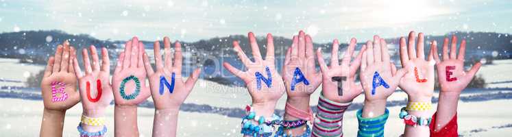 Children Hands Building Buon Natale Means Merry Christmas, Winter Background