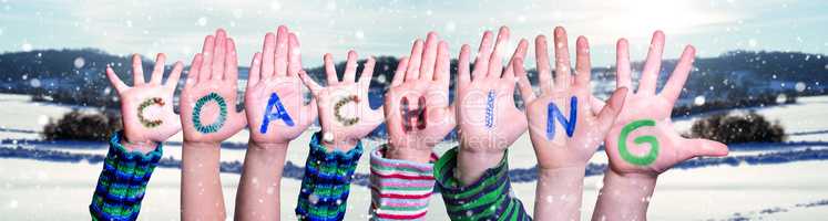 Children Hands Building Word Coaching, Snowy Winter Background