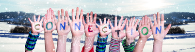 Children Hands Building Word Connection, Snowy Winter Background