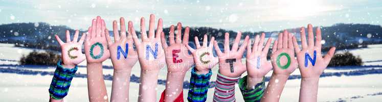 Children Hands Building Word Connection, Snowy Winter Background