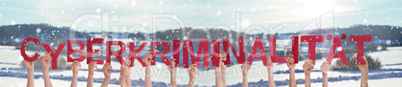 People Hands Holding Word Cyberkriminalitaet Mean Cyber Crime, Winter Background