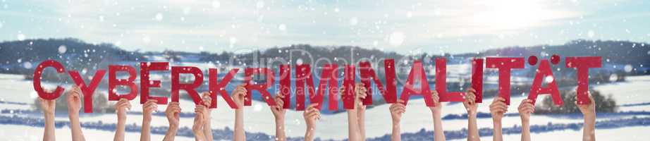 People Hands Holding Word Cyberkriminalitaet Mean Cyber Crime, Winter Background