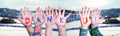 Children Hands Building Word Dank U Means Thank You, Snowy Winter Background
