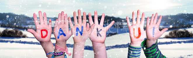 Children Hands Building Word Dank U Means Thank You, Snowy Winter Background
