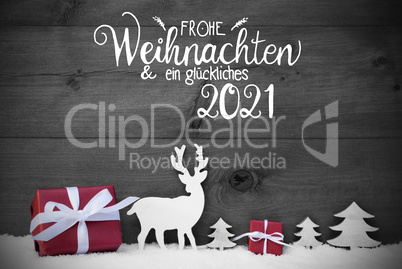 Reindeer, Gift, Tree, Snow, Glueckliches 2021 Means Happy 2021