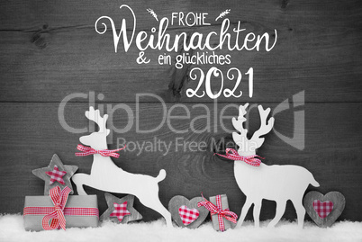 Gift, Deer, Heart, Snow, Glueckliches 2021 Means Happy 2021, Gray Background