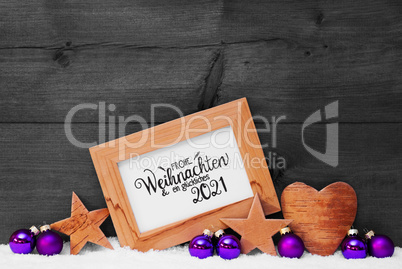 Frame, Purple Ball, Snow, Glueckliches 2021 Means Happy 2021, Gray Background