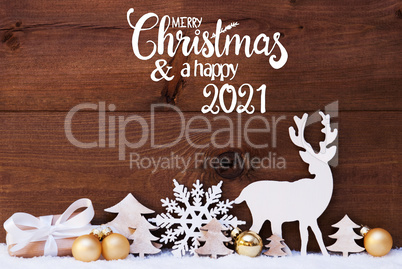 Reindeer, Gift, Tree, Golden Ball, Snow, Merry Christmas And A Happy 2021