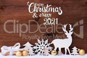 Reindeer, Gift, Tree, Golden Ball, Snow, Merry Christmas And A Happy 2021