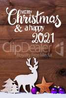 Snow, Deer, Tree, Pruple Ball, Merry Christmas And Happy 2021